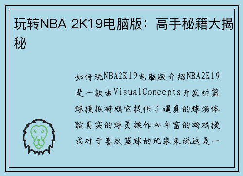 玩转NBA 2K19电脑版：高手秘籍大揭秘