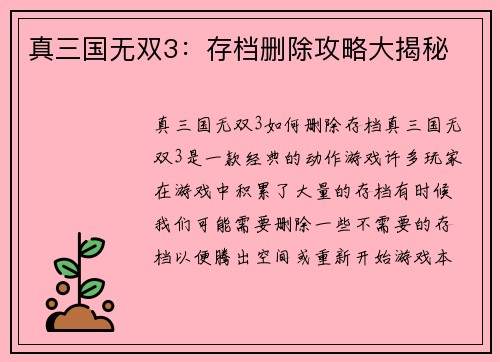 真三国无双3：存档删除攻略大揭秘