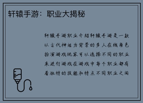 轩辕手游：职业大揭秘